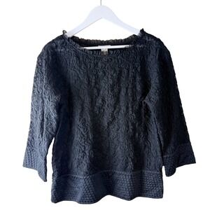 Sundance Embroidered Floral Top Sz L Blouse Ruffle Trim 3/4 Sleeve‎ Black